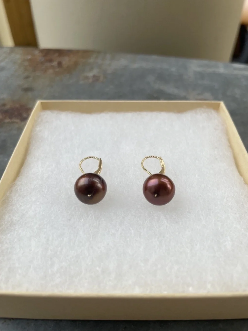 14k Gold stamped Burgundy/Maroon 10mm Pearl Drop Earrings - Picture 5 of 7